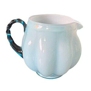 Vintage Fenton Melon Pattern Aqua Blue Glass Pitcher W/Applied Handle EXCELLENT